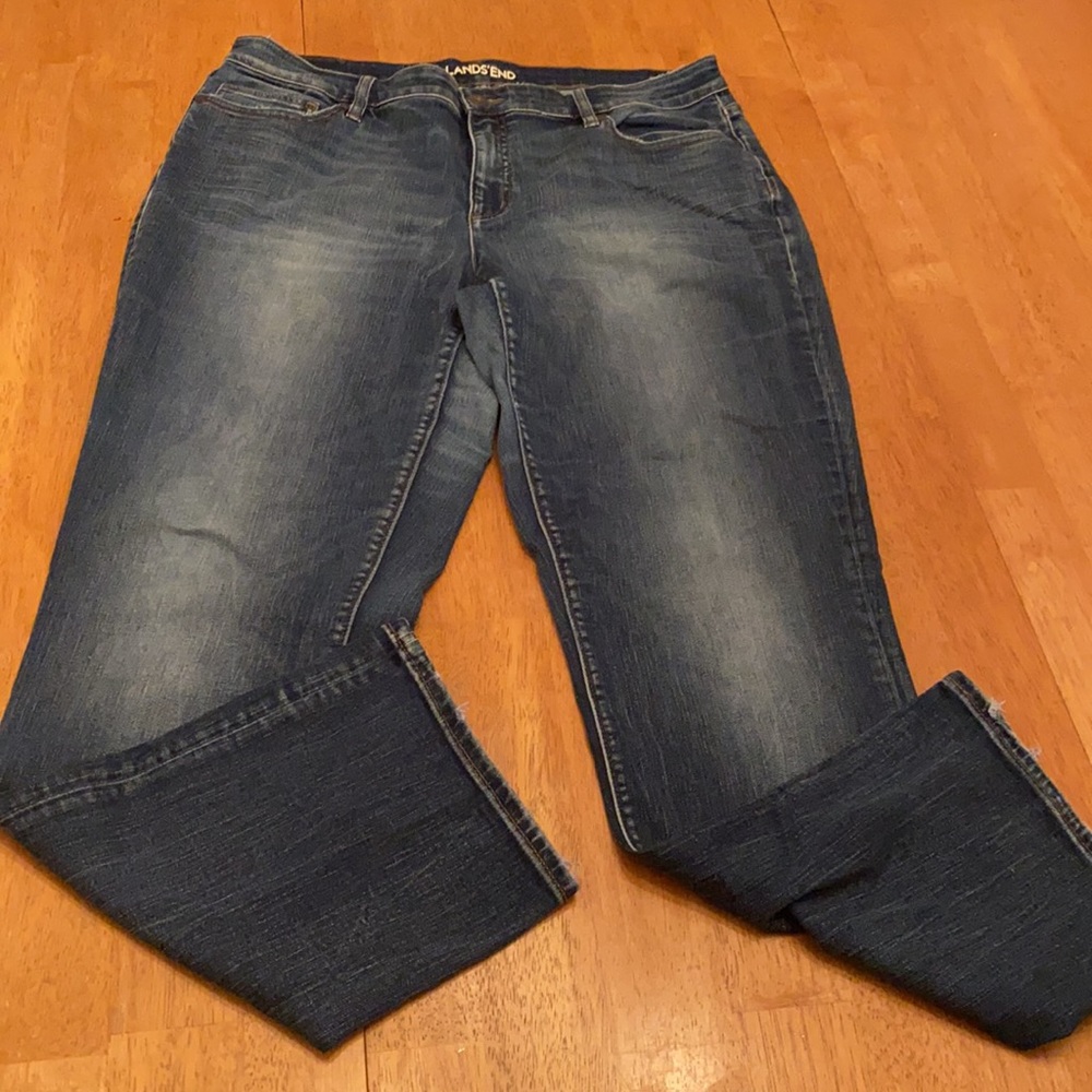 Lands End denim mid rise true straight jeans hood condition size 14